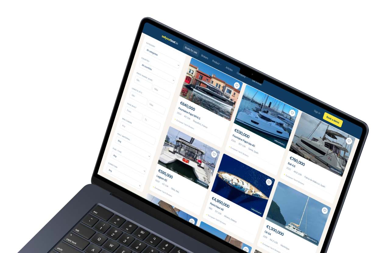 sellyourboat.io listings on a MacBook